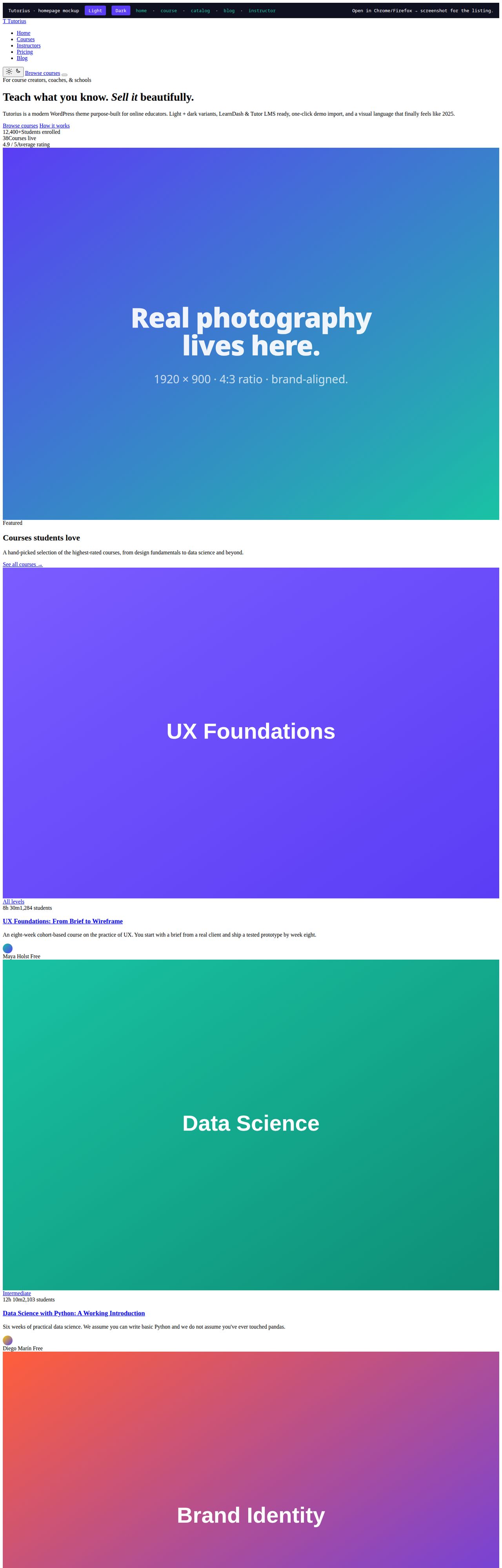 Tutorius homepage in the dark color scheme